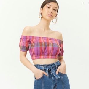 Urban Outfitters Madras Off-The-Shoulder Purple Plaid Crop Top Size Medium